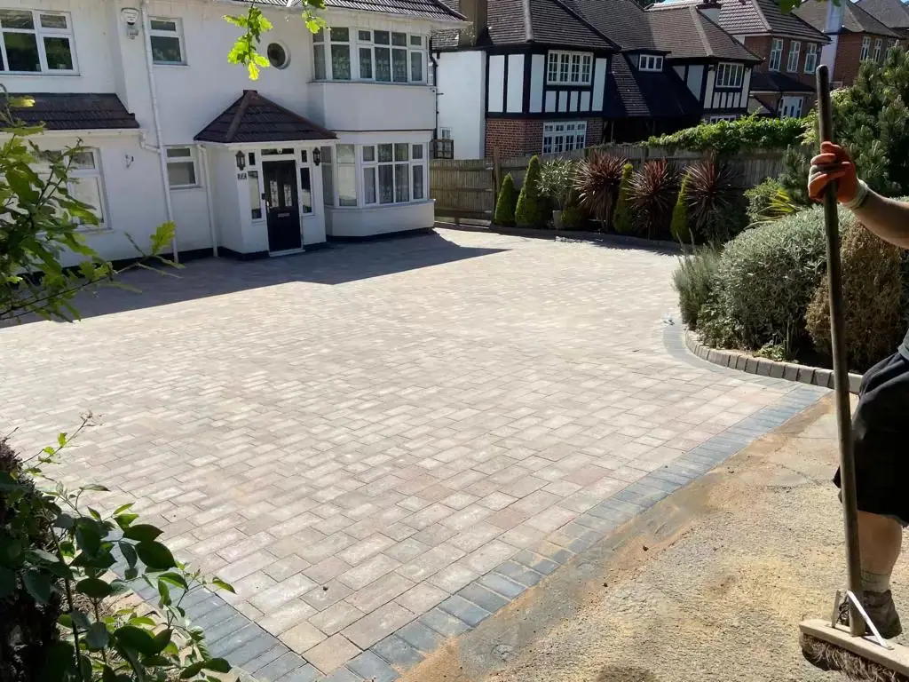 Herringbone block paving driveway with contrasting border